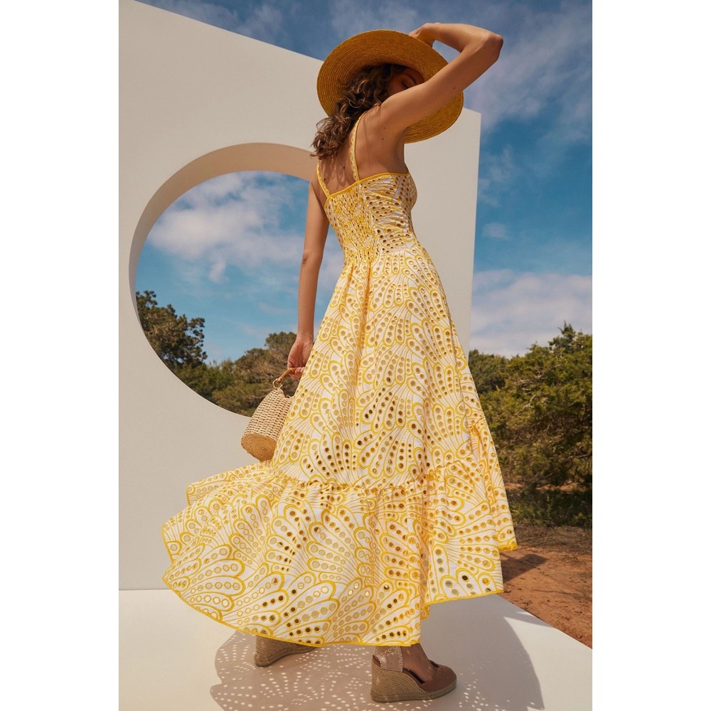 JARDINVUE Lace Buttoned Ruffle Hem Cami Midi Dress Yellow Embroidered X-Small - Picture 8 of 15